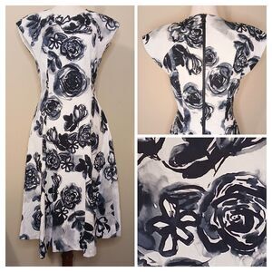 Sachin & Babi NOIR Dress Sz 4 Blk White Brocade Floral A-line Cap Sleeve Lined